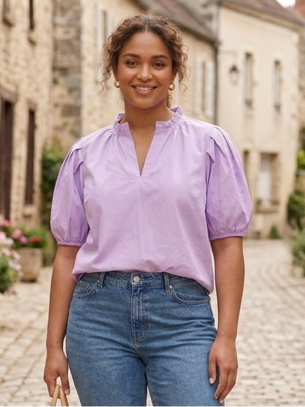 AVARA  Lavender L Puff-Sleeve Ruffle Neck Poplin Blouse